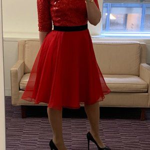 Midi red long-sleeve modest sequined dress